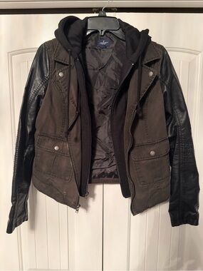 American Eagle Outfitters Black and Dark Green Mixed-Material Hooded Jacket